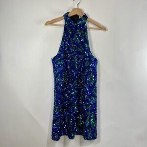 Zara Womens Sequin Sparkle Halter Mini Dress Size S Party Festival Blue Green